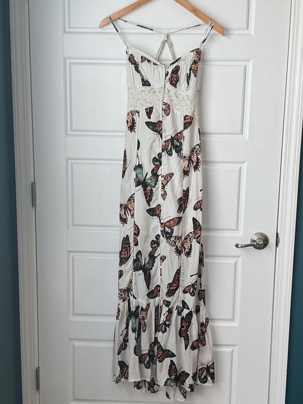 Urban Outfitters White Butterfly-Print Maxi Dress with Lace Waist